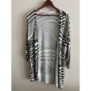 Chico’s Rayon Open Cardigan Sweater White & Green ¾ Sleeve Large Funky Art